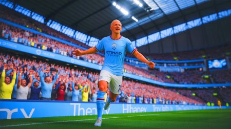 Illustration de Tijjani Reijnders célébrant son transfert de l'AC Milan à Manchester City. Image réalisée par IA.
