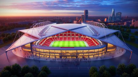 « Manchester United frappe fort » : ce nouveau stade spectaculaire de 100 000 places qui va bouleverser l’univers du football européen Illustration de la nouvelle architecture du stade de 100 000 places de Manchester United. Image réalisée par IA.