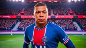 Illustration de Kylian Mbappé envisageant un retour au Paris Saint-Germain. Image réalisée par IA.