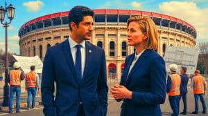 Illustration de Nasser Al-Khelaïfi répondant à Valérie Pécresse concernant le futur stade du PSG. Image réalisée par IA.