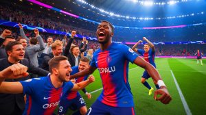 Illustration de la victoire historique du PSG en Ligue des champions avec Ousmane Dembélé en vedette. Image réalisée par IA.