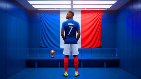 Illustration de Paul Pogba en maillot de l'AS Monaco, symbolisant son retour potentiel en équipe de France. Image réalisée par IA.