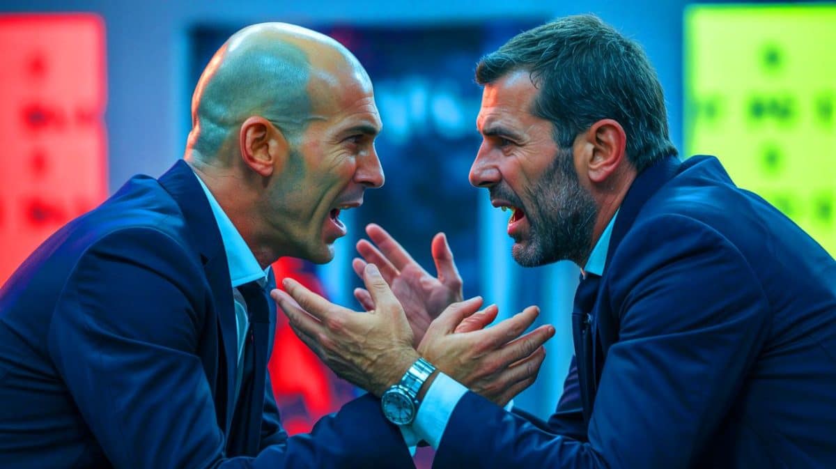 Propos menaçants et révélations fracassantes : quand Pierre Ménès dévoile le côté obscur de Zinédine Zidane avec une sincérité déconcertante Illustration de Zinédine Zidane et Pierre Ménès lors d'une confrontation verbale. Image réalisée par IA.