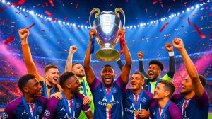 Illustration de la célébration du PSG après sa victoire en Ligue des Champions et le soutien à Ousmane Dembélé pour le Ballon d'Or. Image réalisée par IA.