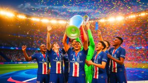 Illustration de la victoire historique du Paris Saint-Germain en finale de la Ligue des Champions contre l'Inter Milan. Image réalisée par IA.