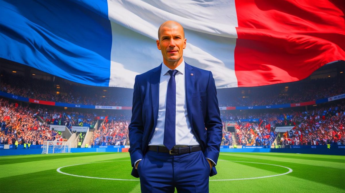 Illustration de Zinédine Zidane prenant la tête de l'équipe de France de football après la Coupe du Monde 2026. Image réalisée par IA.