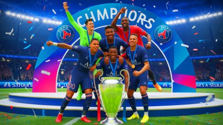 Illustration de la victoire du PSG en Ligue des champions avec Désiré Doué en vedette. Image réalisée par IA.