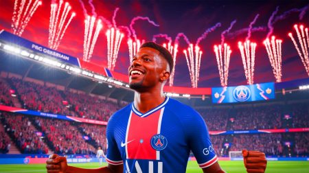Illustration de Ousmane Dembélé célébrant la victoire du PSG en Ligue des Champions. Image réalisée par IA.