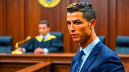 Illustration de Cristiano Ronaldo quittant le tribunal après l'accord sur la fraude fiscale. Image réalisée par IA.