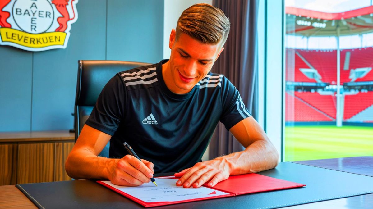 Un jeune prodige en route vers la gloire : Rayan Zidane signe son premier contrat pro avec Bayer Leverkusen et bouleverse le monde du football allemand Illustration de Rayan Zidane signant son premier contrat professionnel avec le Bayer Leverkusen. Image réalisée par IA.