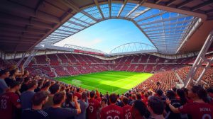 Illustration de la vision futuriste du nouveau stade de 100 000 places de Manchester United. Image réalisée par IA.