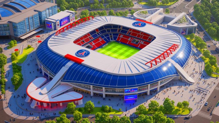 Un projet colossal dévoilé : voici le nouveau stade de 60 000 places du PSG et sa zone commerciale grâce à ces images fascinantes générées par l&rsquo;IA