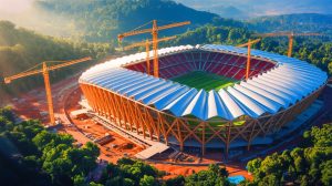 Illustration de la construction du plus grand stade de football au monde au Maroc avec un toit en forme de tente. Image réalisée par IA.