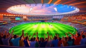 Illustration du stade Narendra Modi accueillant un match de cricket entre l'Inde et le Pakistan. Image réalisée par IA.