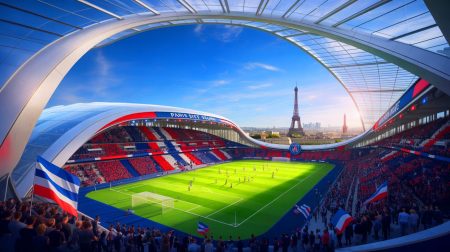 Illustration de la vision futuriste du nouveau stade du PSG inspirée par le SoFi Stadium. Image réalisée par IA.