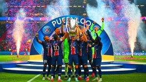 Illustration de la victoire historique du PSG en Ligue des champions contre l'Inter Milan. Image réalisée par IA.