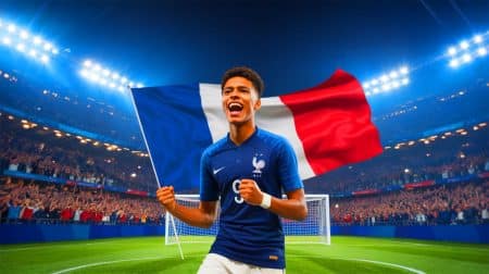 Une étoile est née : Rayan Cherki marque un but époustouflant avec l’équipe de France et fait vibrer le monde du football Illustration de Rayan Cherki célébrant son premier but avec les Bleus lors de la Ligue des Nations. Image réalisée par IA.