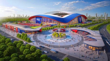Illustration de la vision futuriste du nouveau stade du PSG avec son complexe multifonctionnel. Image réalisée par IA.