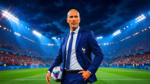 Illustration de Zinédine Zidane prenant les commandes de l'équipe de France de football. Image réalisée par IA.