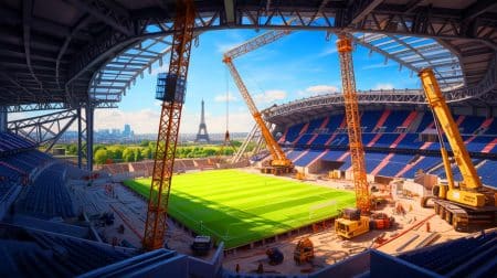 « Catastrophe imminente » : Quand le Qatar s’apprête à bouleverser le football en révélant un secret explosif sur la vente du PSG Illustration de la construction d'un nouveau stade pour le PSG, générée par intelligence artificielle.
