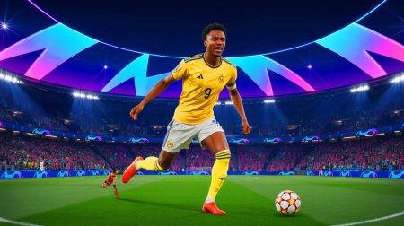 Illustration de Youssoufa Moukoko devenant le plus jeune joueur de l'Histoire en Ligue des champions, créée par intelligence artificielle.