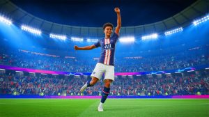 Illustration de Désiré Doué, jeune prodige du PSG, célébrant la victoire en Ligue des champions, générée par intelligence artificielle.