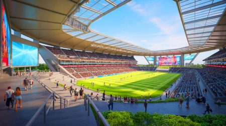 « Ce joyau architectural va transformer le paysage sportif » : le Paris Saint-Germain prêt à s’emparer de ce stade ultra-moderne qui fascine déjà les fans Illustration de l'ambitieux projet de stade ultramoderne du Paris Saint-Germain, générée par intelligence artificielle.