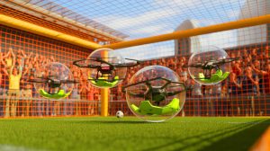 Illustration de drones en compétition lors d'un match de drone soccer, générée par intelligence artificielle.