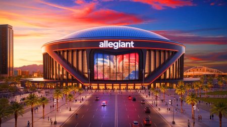 « Le temple noir de Las Vegas » : découvrez où se cache l’Allegiant Stadium, son propriétaire milliardaire et son coût hallucinant de 1,7 milliard € Illustration de l'Allegiant Stadium, un chef-d'œuvre architectural moderne, générée par intelligence artificielle.