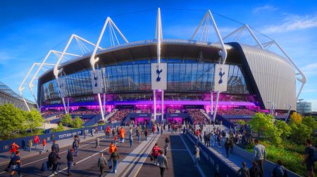 « Un terrain qui disparaît sous vos yeux » : le stade à plus d’un milliard d’euros de Tottenham cache une technologie hallucinante qui sidère l’Europe Illustration de l'imposant stade de Tottenham, générée par intelligence artificielle.