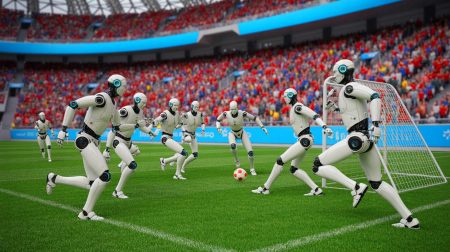 Illustration de robots humanoïdes participant à un match de football à Pékin, générée par intelligence artificielle.