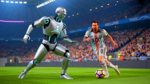 Illustration de jeunes participants apprenant la robotique à travers le football, générée par intelligence artificielle.