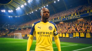 Illustration de N'Golo Kanté en tenue d'Al Ittihad, générée par intelligence artificielle.