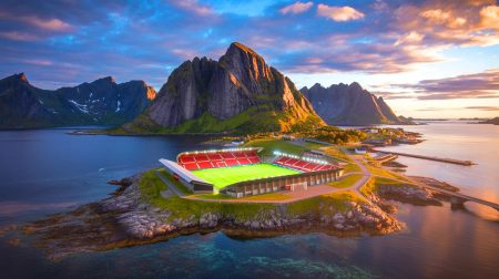 « C’est le plus beau terrain de foot sur Terre » : ce stade des îles Lofoten émerveille le monde entier avec son cadre à couper le souffle Illustration de Henningsvaer stadion, un stade de football unique situé au cœur des îles Lofoten, générée par intelligence artificielle.