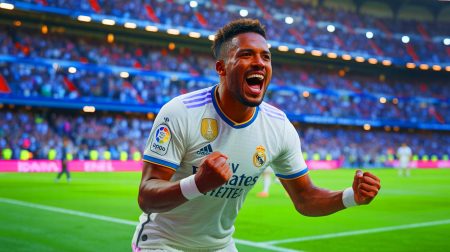 Illustration de Vinicius Junior célébrant sa prolongation de contrat avec le Real Madrid, générée par intelligence artificielle.