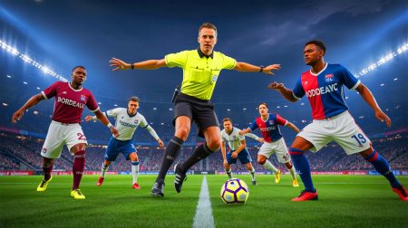 Illustration de l'arbitre Bruno Derrien lors du match controversé entre Bordeaux et Lyon, générée par intelligence artificielle.