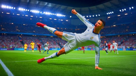 Illustration de Cristiano Ronaldo réalisant un geste technique controversé, générée par intelligence artificielle.