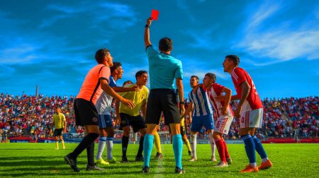 Illustration de l'arbitre distribuant 36 cartons rouges lors d'un match junior au Paraguay. Image réalisée par IA.