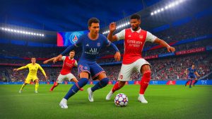 Illustration de la confrontation entre le PSG et Arsenal avec Fabian Ruiz et Thomas Partey, générée par intelligence artificielle.