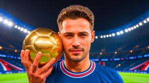 Illustration de la consécration d'Achraf Hakimi au PSG avec le Ballon d'Or africain. Image réalisée par IA.