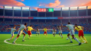 Illustration de l'incroyable match entre l'AS Adema et l'Olympique Emyrne à Madagascar, générée par intelligence artificielle.