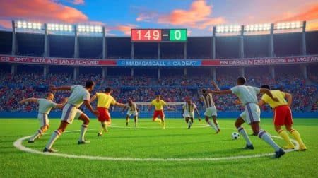 Illustration de l'incroyable match entre l'AS Adema et l'Olympique Emyrne à Madagascar, générée par intelligence artificielle.