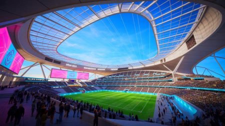 Plongez dans l’univers à 5 milliards d’euros du SoFi Stadium de Los Angeles, bijou du Super Bowl LVI Illustration de l'architecture spectaculaire du SoFi Stadium de Los Angeles, générée par intelligence artificielle.