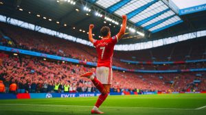 Illustration de Sadio Mané réalisant le triplé le plus rapide de l'histoire de la Premier League, générée par intelligence artificielle.