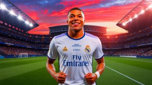 Illustration de Kylian Mbappé portant le maillot du Real Madrid, générée par intelligence artificielle.