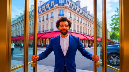 Illustration de Mohamed Salah célébrant un but sous le maillot de Liverpool, générée par intelligence artificielle.