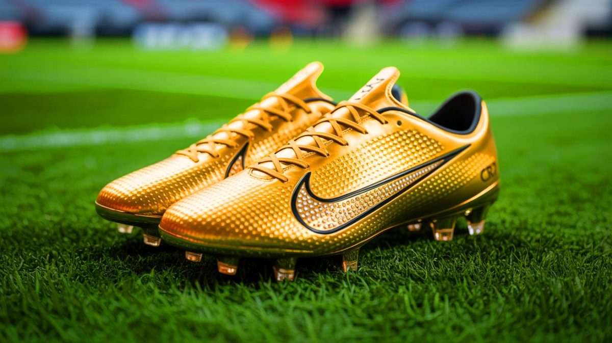 Illustration de Cristiano Ronaldo portant des crampons Mercurial CR7 Rare Gold incrustés de microdiamants, générée par intelligence artificielle.
