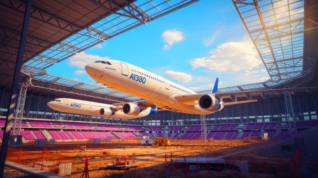 Incroyable mais vrai : un stade à Strasbourg entièrement construit avec des fuselages d’Airbus A340, une première mondiale qui défie l’imagination Illustration de la rénovation innovante du stade de la Meinau intégrant des fuselages d'Airbus A340. Image réalisée par IA.