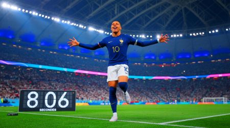 Illustration de Kylian Mbappé célébrant un but rapide, générée par intelligence artificielle.