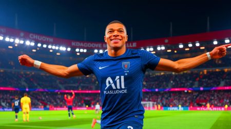 Illustration de la vitesse fulgurante de Kylian Mbappé lors d'un but rapide en Ligue 1, créée par intelligence artificielle.